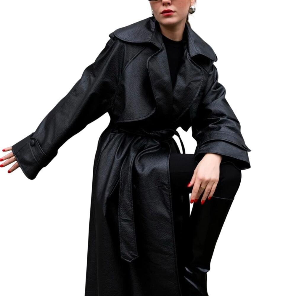 Black Trench Coat Faux Leather - Picture 5 of 12